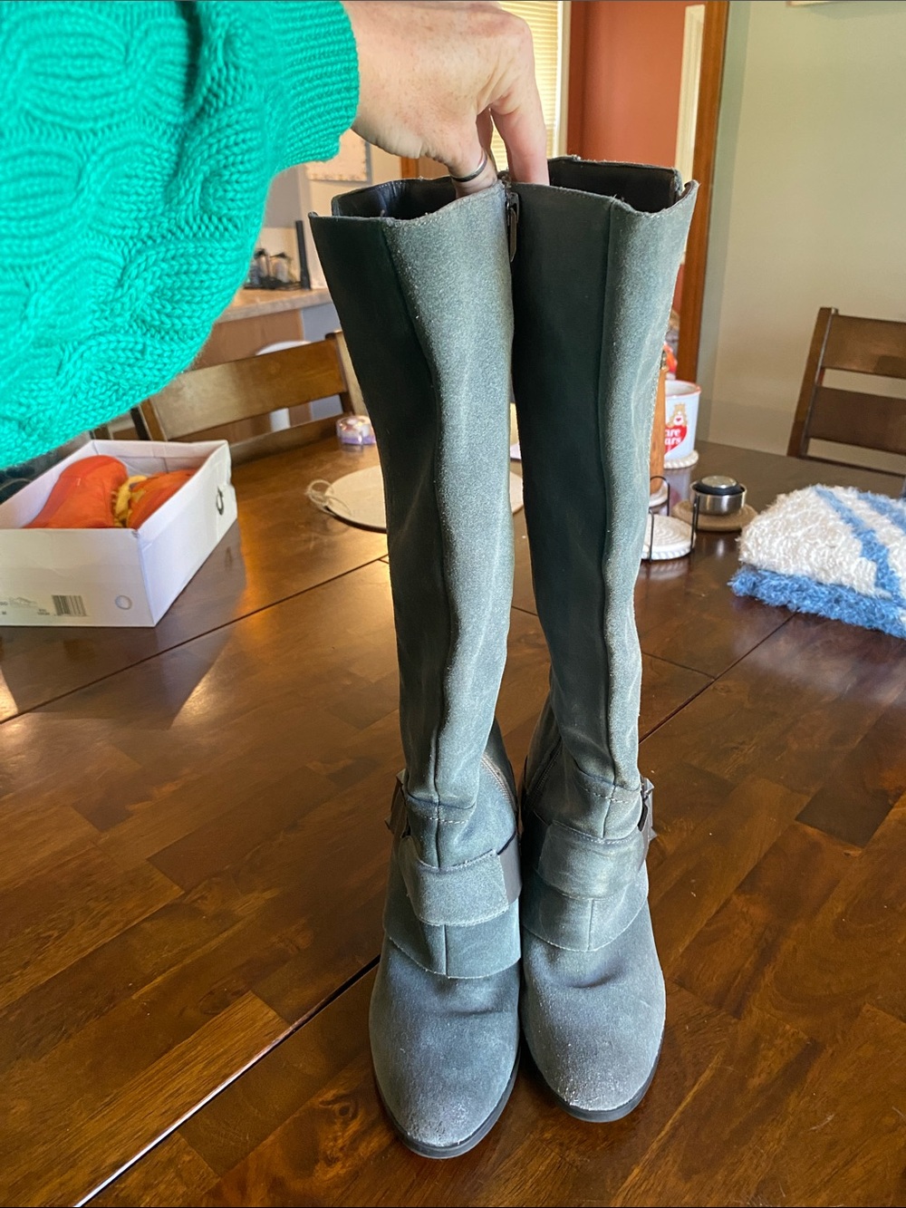 Fergie Tall Gray Moto Boots with Buckle Detail - Picture 2 of 9